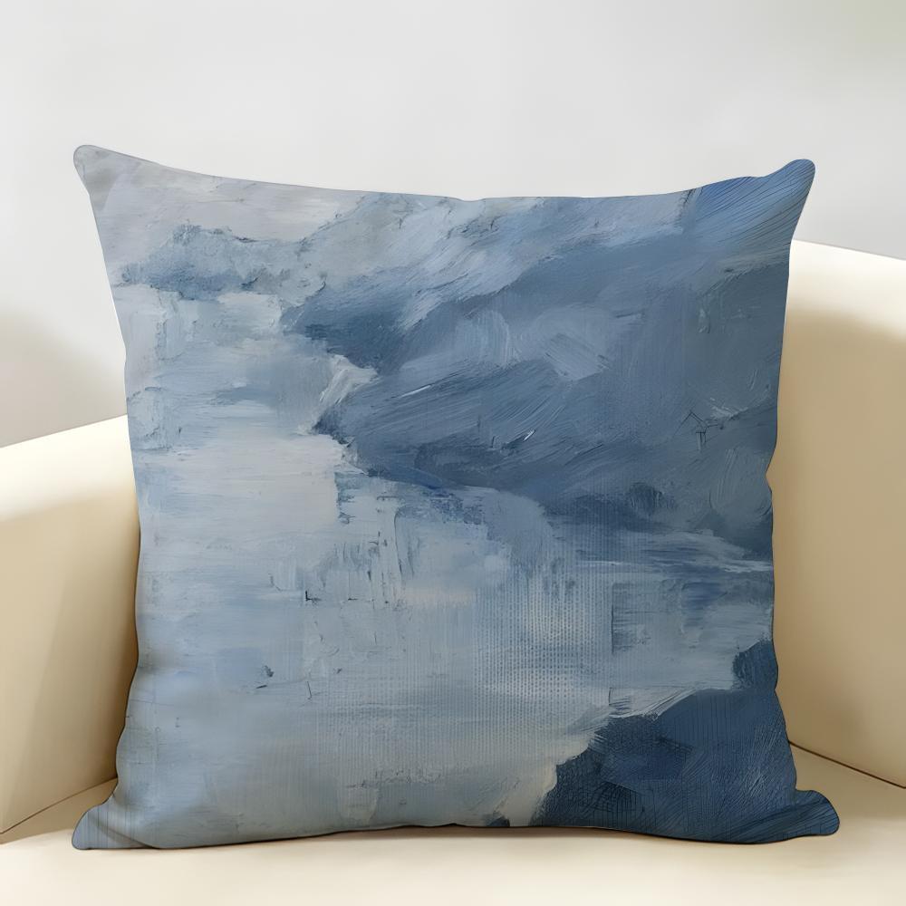 Alricc Blue Gray Abstract Art Cushion Cover Natural Linen Organic Fabric Double-Sided Printing Breathable Perfect For Home Decor
