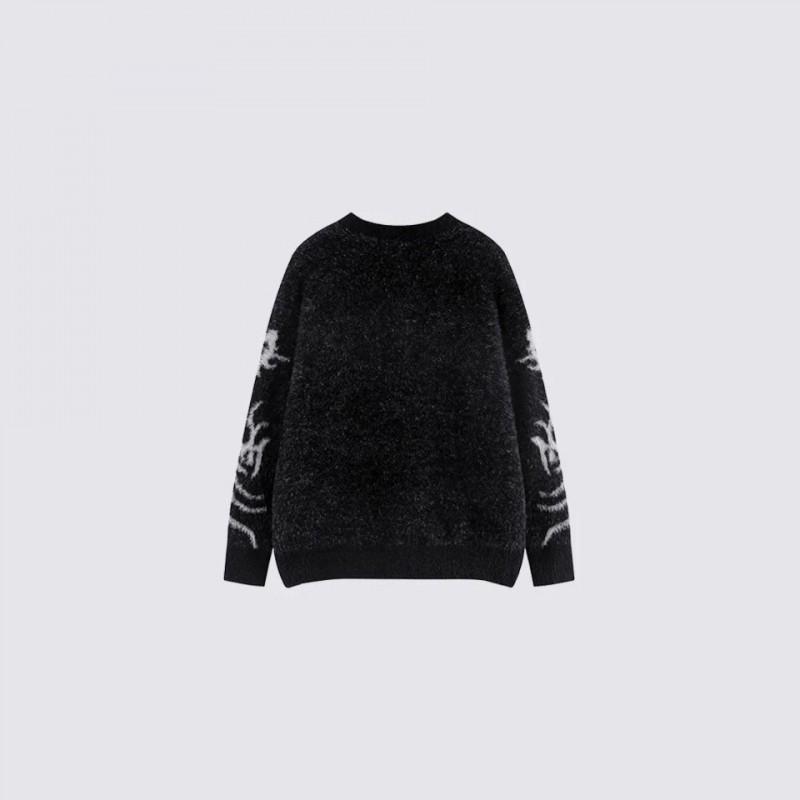 Streetwear Knit Sweater With 3D Jacquard Chest Design Loose Fit Round Neck Womens Fall Winter Top