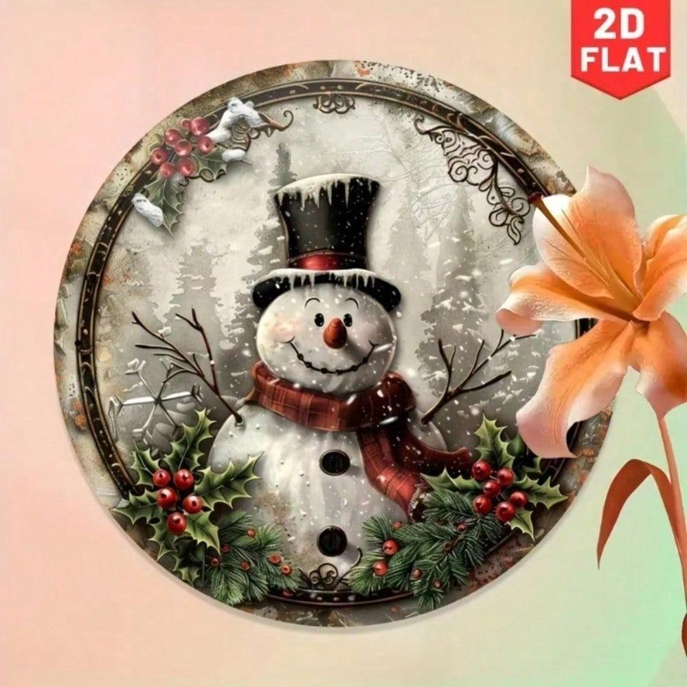 Vintage Snowman Round Metal Sign Christmas Wall Art Home Decor
