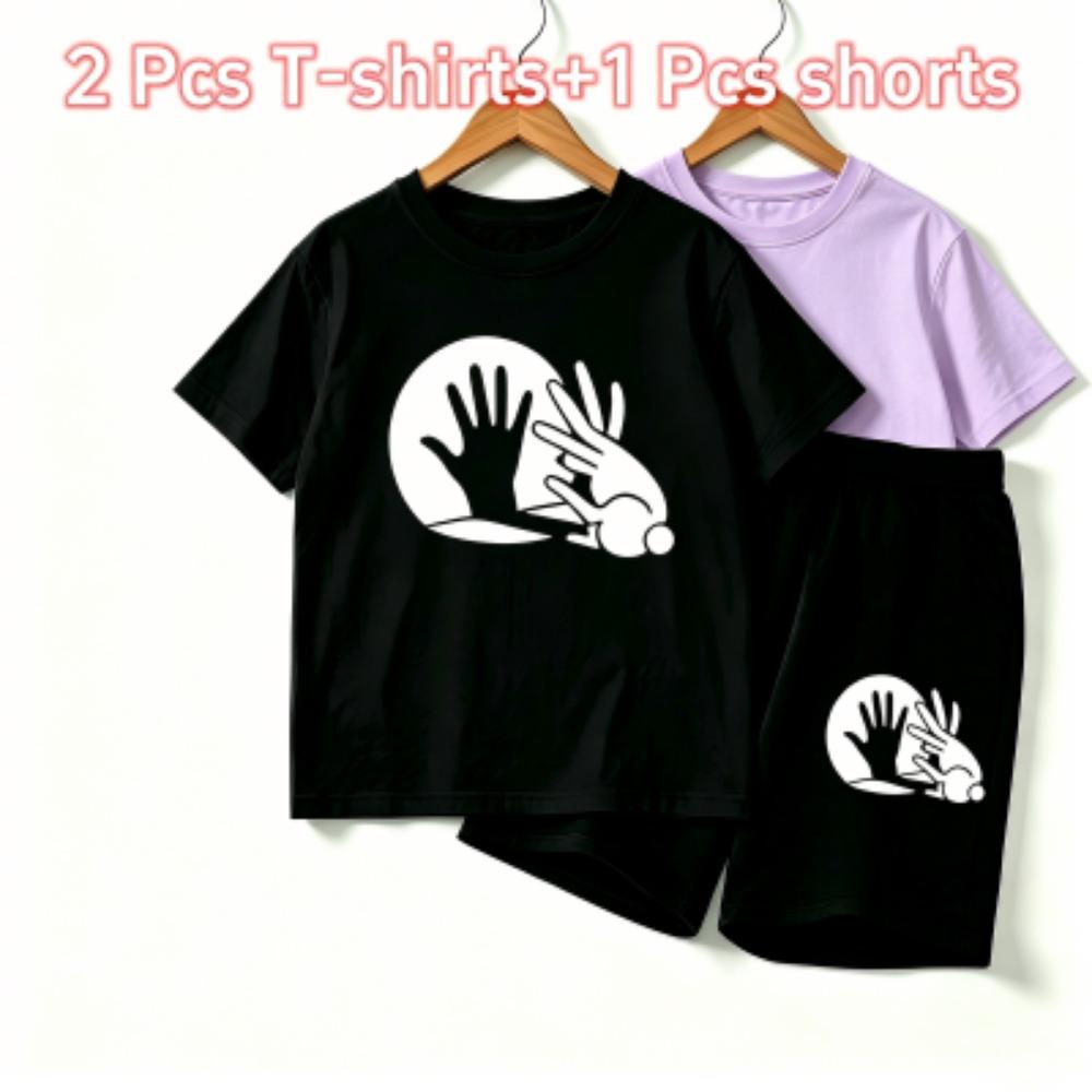 Rabbit Shadow Print Outdoor Street Kids T-shirt and Shorts Summer Home Casual Outfit Boy and Girl's Sports Set