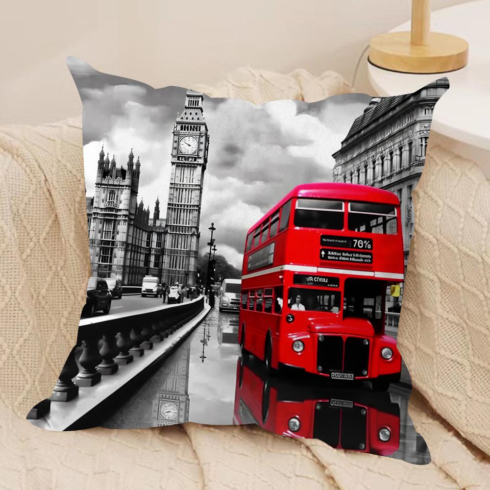 London Red Bus Print Cushion Cover Silky Short Plush Invisible Zipper Dustproof Sofa Pillow Case for Home Decor