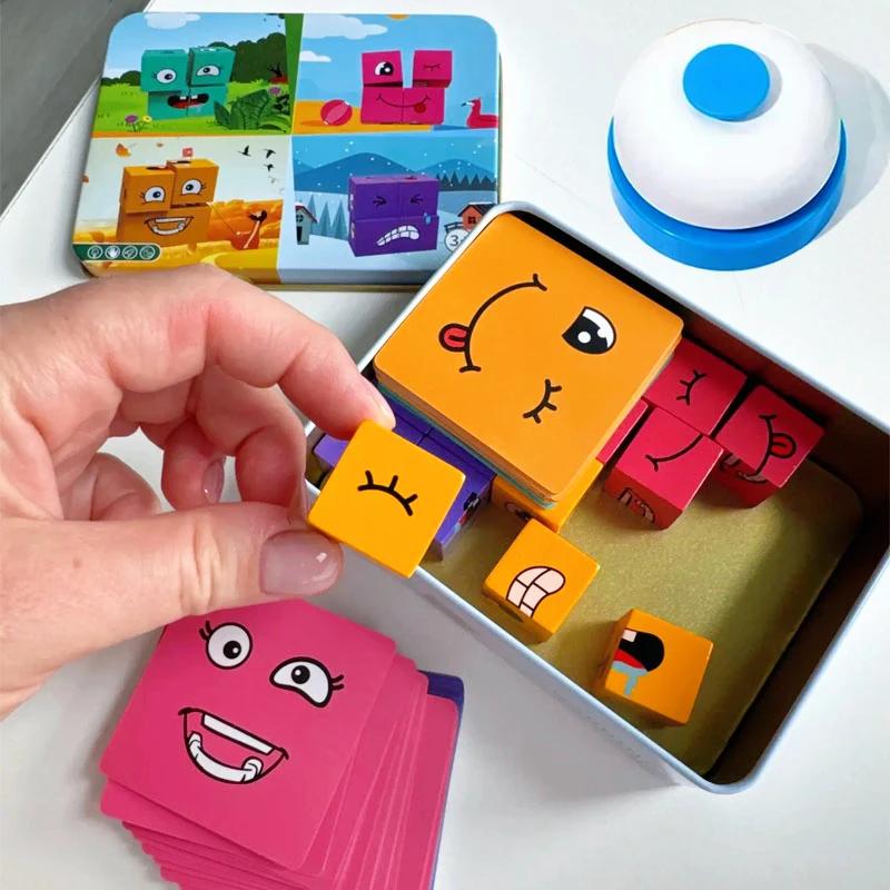 Cube Face Changing Building Blocks Board Game Wood Puzzle Montessori Expression Wooden Blocos for Children Battle Table Game