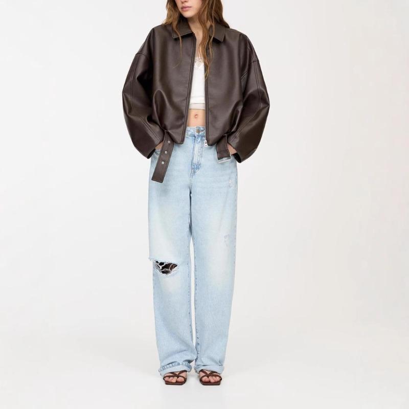 Women's Brown Faux Leather Pilot Jacket with Belt