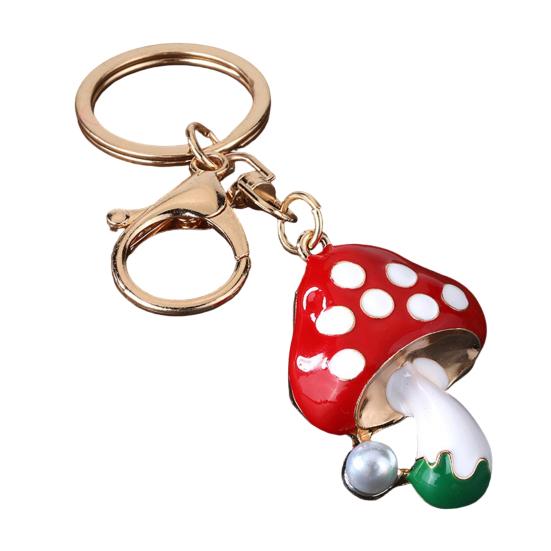 Zinc Alloy Keychain Pendant, Dripping Process Key Ring with Imitation Pearl Cartoon Mushroom Shape, Multiple Colors Bag Charm