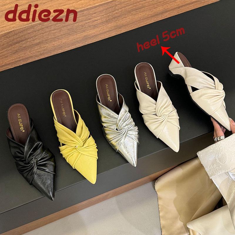 Fashion Fashion Pointed Toe Female 5CM Heels Women Slippers Slides Mules Shoes New In Summer Spring Ladies Heeled Slippers Sandals Shoes