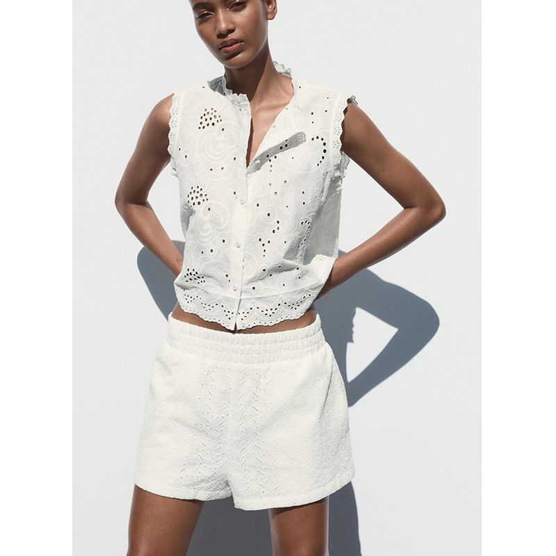 Summer Women's Clothing French Style Design Single-Breasted Cut Out Embroidered Crew Neck Sleeveless Casual Tops 4387031