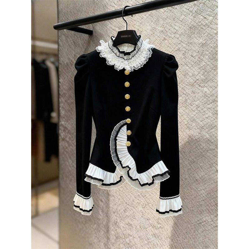 2026 Spring New French Style Color-Block Ruffle Long Sleeve Shirt High-End Sophisticated Unique Beautiful Top Colorblock S