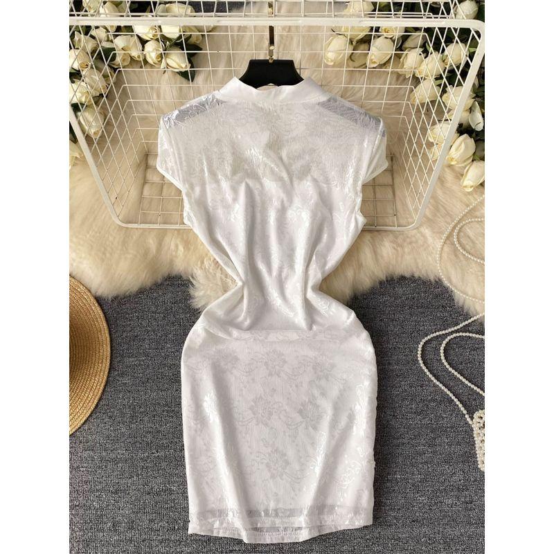 Retro New Chinese Zen Cheongsam Dress Women's Summer Buckle Jacquard Stylish Pure Want to Waist Bodycon Dress