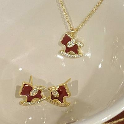 K Real Gold Electroplated Zircon Pony Necklace Earrings Retro Versatile Temperament Jewelry Natal Year Jewelry Set Women