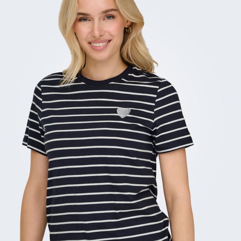 Tee shirt coton bio Liva marinière avec coeur argenté Femme ONLY