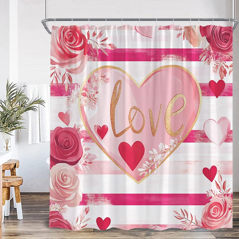 Valentine'S Day Shower Curtain Red Heart Rose Flowers Bicycle Petals Lovers Gift Fabric Home Bathroom Curtains Decor With Hooks