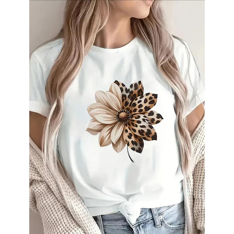 

Black Leopard & Beige Dahlia Print Short Sleeve T-Shirt | Lightweight, Round Neck, Wrinkle-Resistant, Casual,Restaurant - Machine Washable 4XL білий