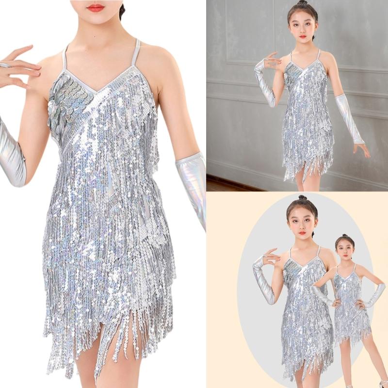 Vestido de Danza Latina Borlas Ropa de Baile Salsas Lentejuelas Flecos Vestido Bailarín Moderno de Salón Cha Cha Trajes para Niños Niñas