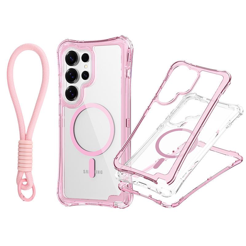 For Samsung S25 Ultra Magnetic Transparent Triple-Function Phone Case with Wrist Strap