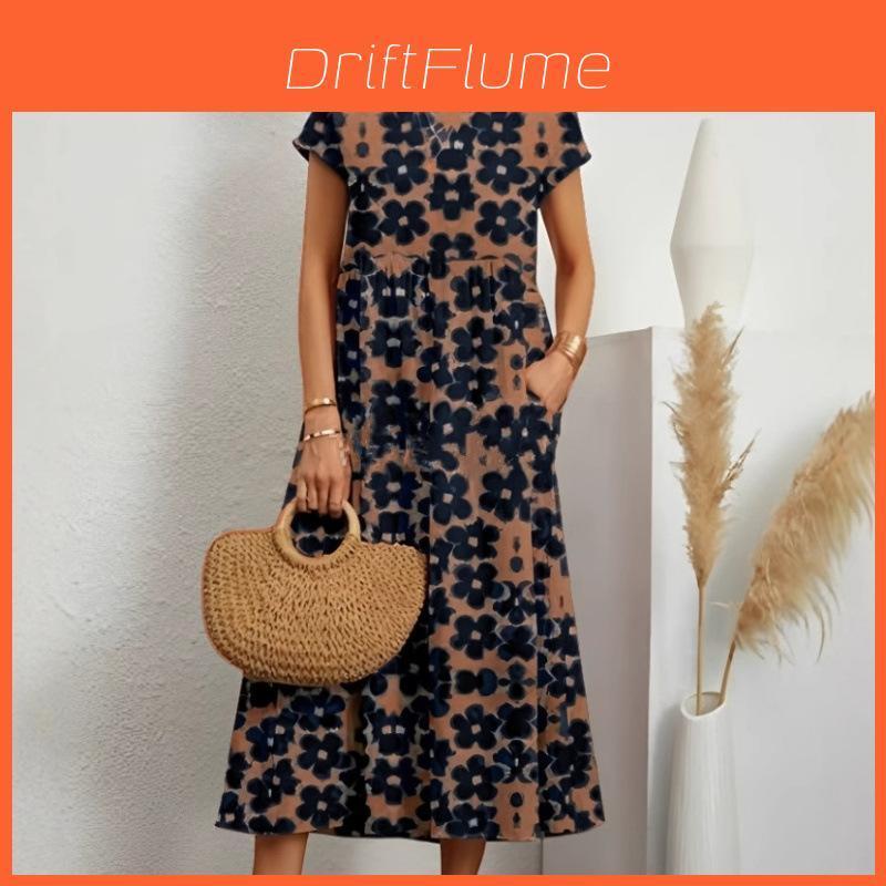 Cotton Linen Floral Print Summer Dress With Round Neck For Women