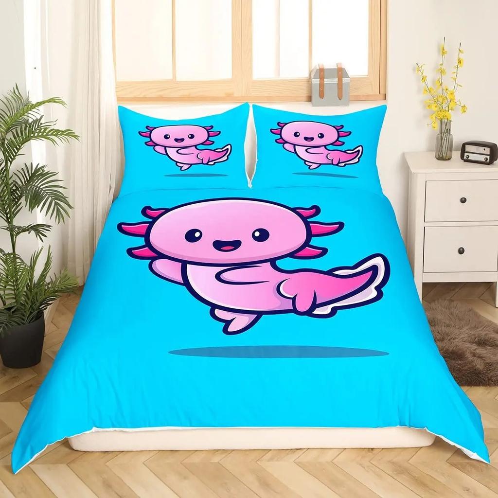 Cartoon Axolotl Cute Sea Animal Reptile Bedding Set Boys Girls Twin Queen Size Duvet Cover Pillowcase Bed Kids Adult