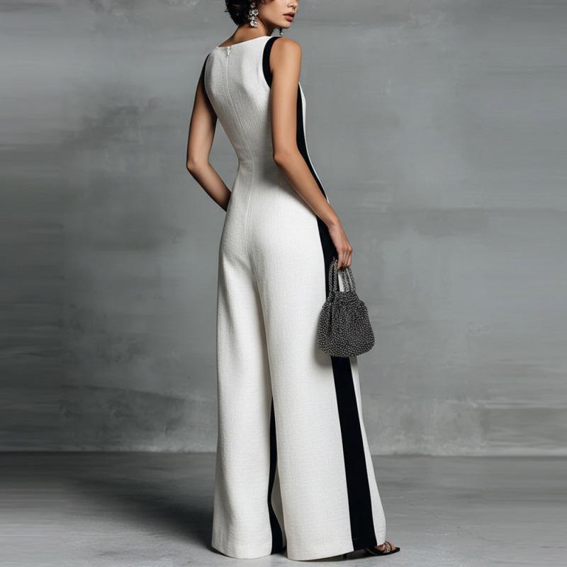 2026 Black & White Color Block Women's Deep V-Neck Jumpsuit with Thin Straps