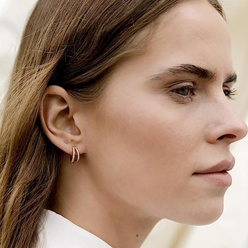 Gold Plated Double Row Paved Cubic Zirconia C Shaped Half Hoop Stud Earrings Women Sparkling Daily Party Jewelry Gift