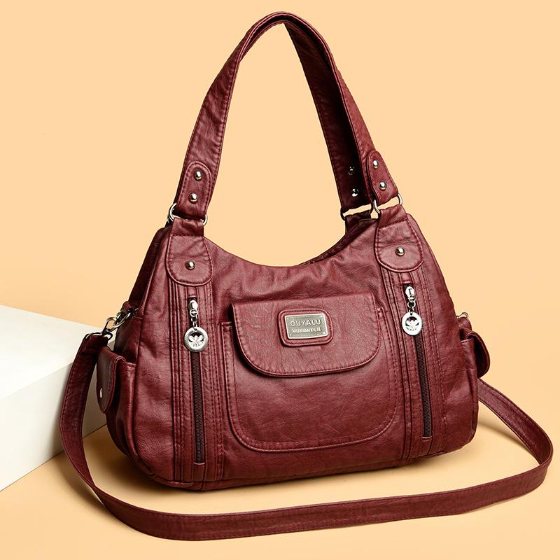 

Модные большие кошельки для женщин, сумки, стираная искусственная кожа, сумка-хобо, сумка через плечо, сумка-тоут с ремнем через плечо, женская сумка-саквояж с верхней ручкой бордовый