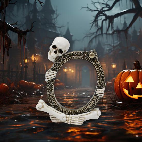 Vintage Skeleton Mirror Frame Statue Gothic Halloween Skull Hold Mirror Figurine Resin Skeleton Sculpture for Shelf Mantel Home Office Decor