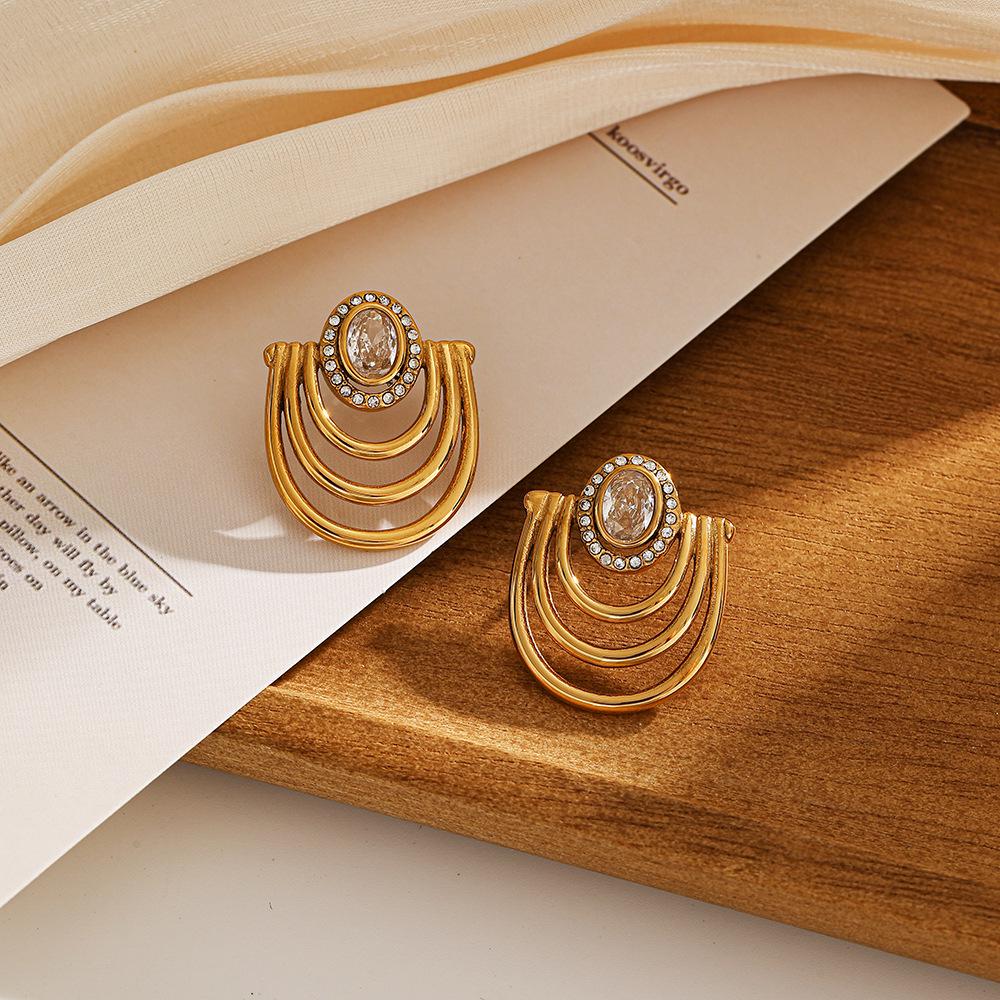 18K Gold Vacuum-Plated Stainless Steel Zirconia Stud Earrings - Women's High-End European American Retro Style, Waterproof with Polished Finish