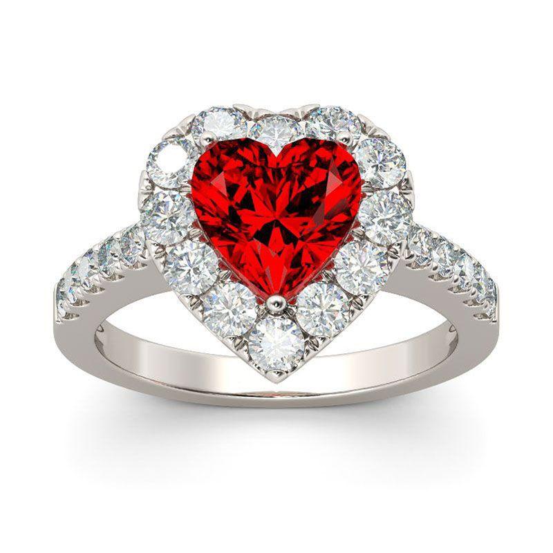 Elegant Silver Plated Ring With Red Ruby Gemstone Rhinestone For Proposal Gift