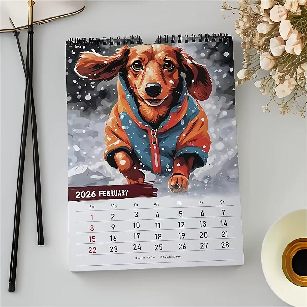 Daily Weekly Monthly Planner 2026 Calendar Dachshund Pattern Paper Desktop Calendar Home Ornaments Hangable Wall Calendar