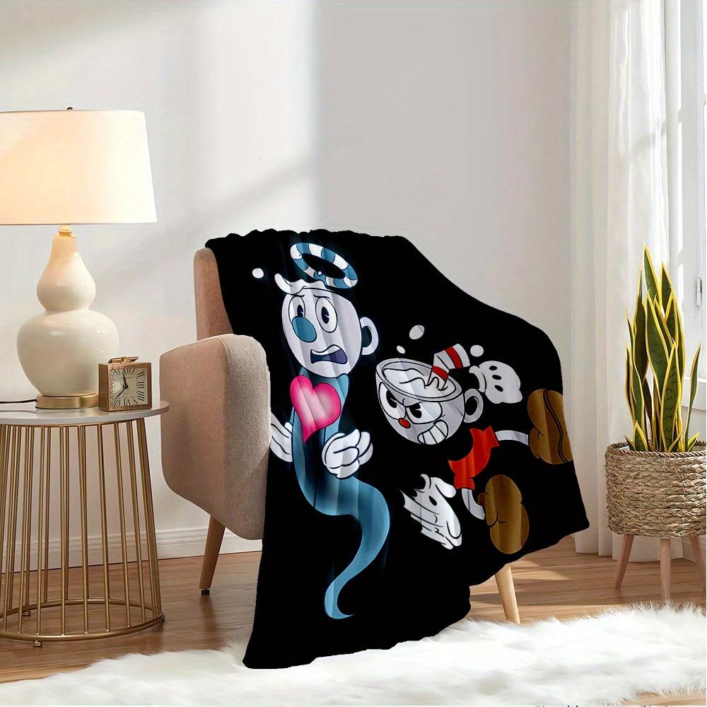 1pc Ghost,Coffee,Cuphead Digital Print Flannel Blanket - Contemporary Style, Suitable for All Seasons, Perfect for Home, Travel, or Camping