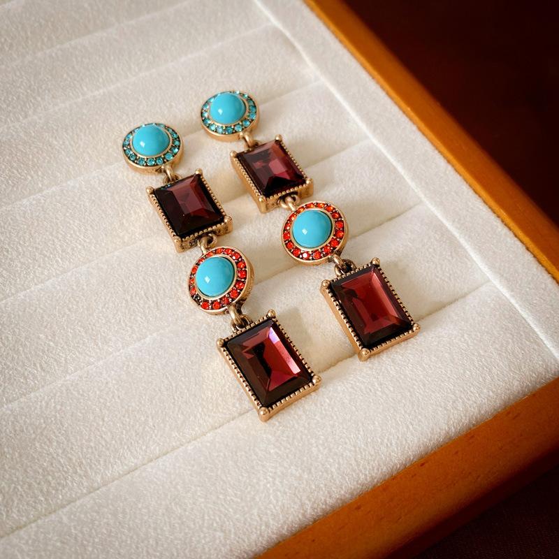 Medieval style colored diamond-encrusted flower pearl fringed earrings French temperament stud earrings court style earrings