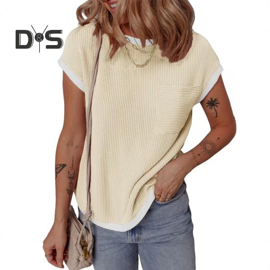 

Женская футболка с круглым вырезом, коротким рукавом, карманом, украшением, футболка с цветными блоками, свободная футболка, одежда для отдыха XXL абрикосовый