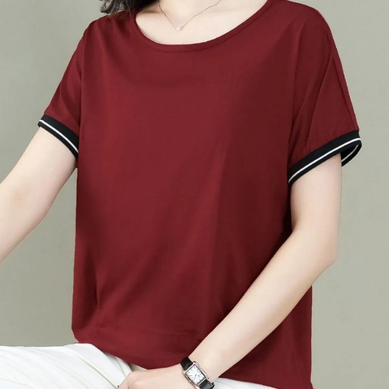 Women Burgundy Crew Neck T-Shirt With Contrast Stripe Cuffs L кларет