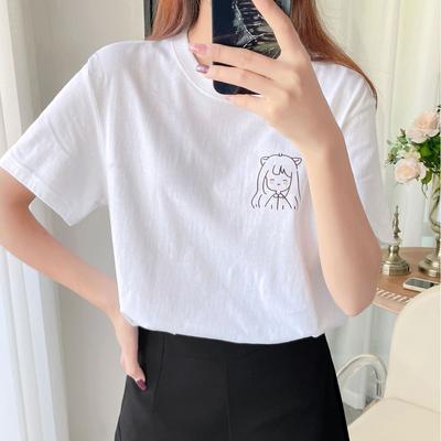 Women's Cotton Short-Sleeved T-shirt Summer Loose Design Printed Badge Couple Casual Top