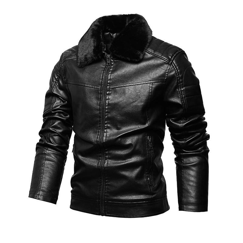 Mens Winter Warm Thickened Fleece-Lined PU Leather Jacket With Detachable Fur Collar Zipper Front Stylish Urban Outwear