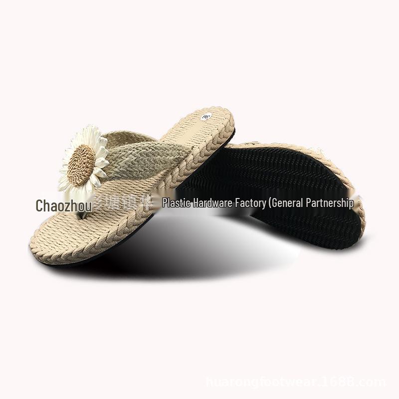 Daisy Women's Herringbone Hemp Rope Flip-Flops: Summer Straw Woven Low Heel Slip-On Sandals