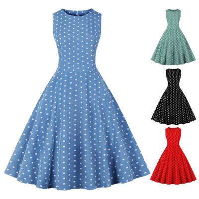 Dámské společenské šaty s tečkovaným potiskem O ke krku, bez rukávů, střih do A, velký švih, úzký pas, retro zadní zip, prodyšný ples, banket letní midi šaty