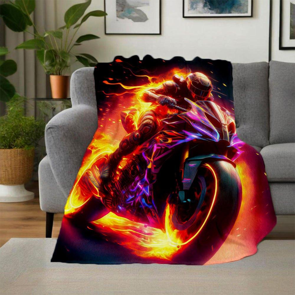 "Flaming Speed: Neon Motorcycle Art Print"Blanket Flannel Throw Blanket for Sofa, Bed, Travel, Camping, Office, Couch, Chair, And Bed Gift f