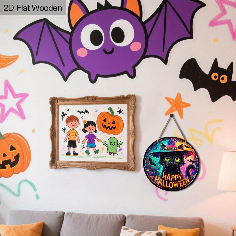 Wooden Halloween Sign with Black Cat Pattern Design - Unique Wall Pediments with Happy Halloween - Ideal for Front Door, Yard, Porch, Room Decor