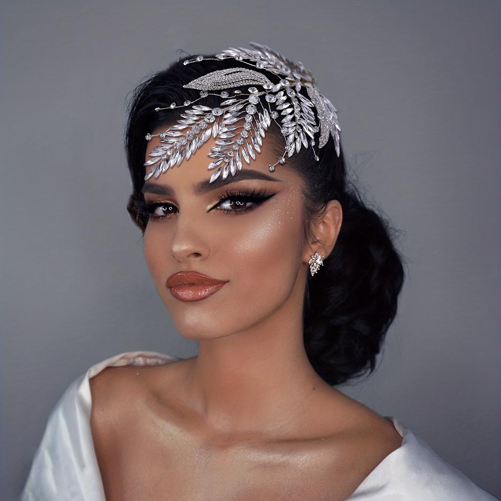 Women Rhinestone Leaf Design Glamorous Bridal Headband Forehead Decoration Headpieces For Wedding Prom Birthday Party Hair Accessories