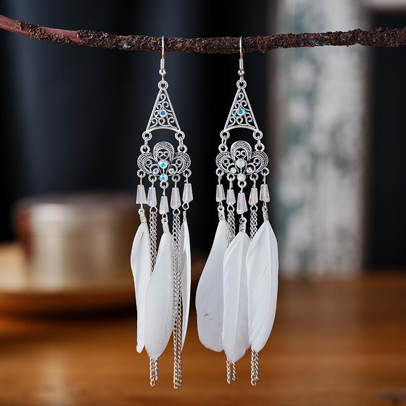 Bohemian Ethnic Long Feather Earrings For Women Retro Elegant Colorful Rhinestone Crystal Drop Earring Female Jewelry Pendientes