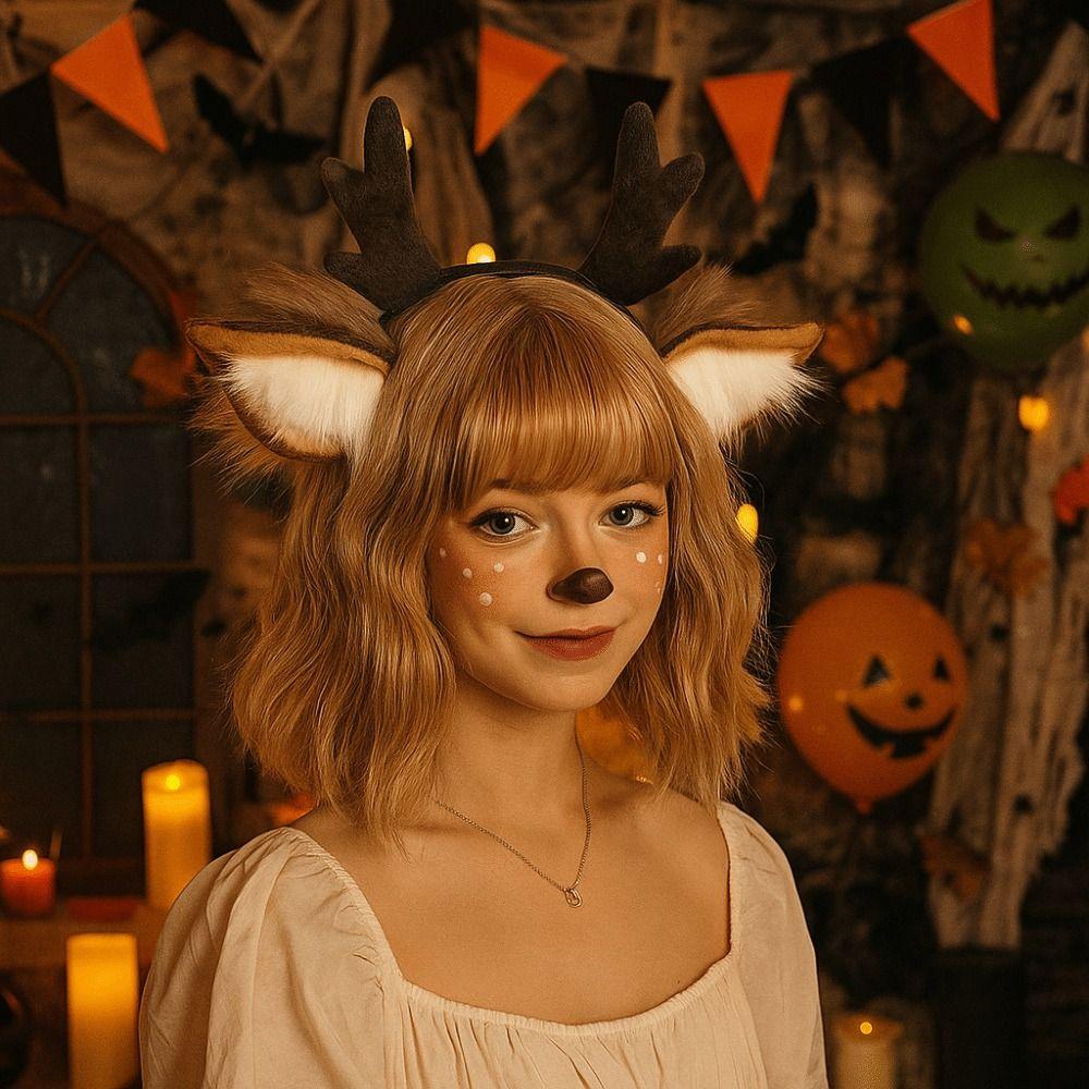 Party Headpiece Reindeer Antler Headband Plush Deer Ears Antler Hair Hoop Head Hoop  for Kids Adult