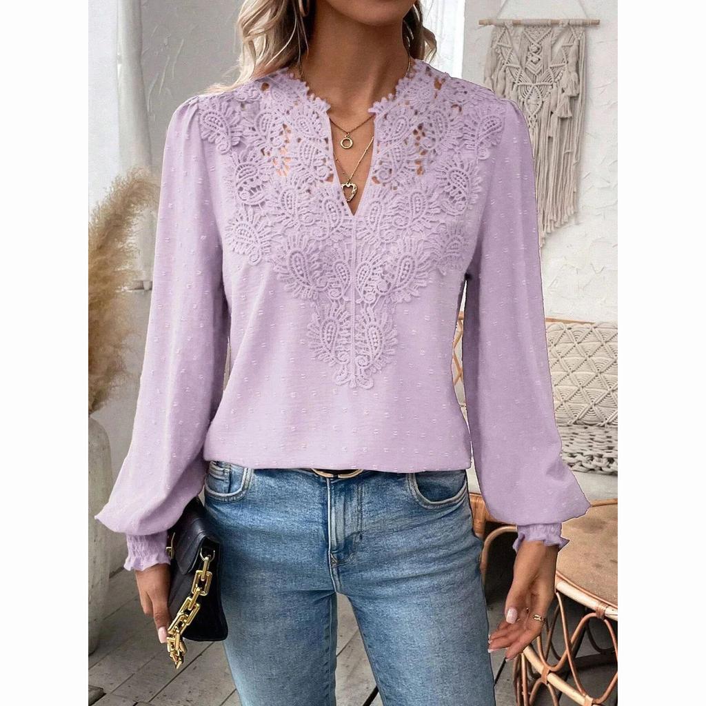 Luksuriøs bluse med hule blonder og V-hals for kvinner, ensfarget topp med lange ermer, elegant hverdagsbluse for kontordamen
