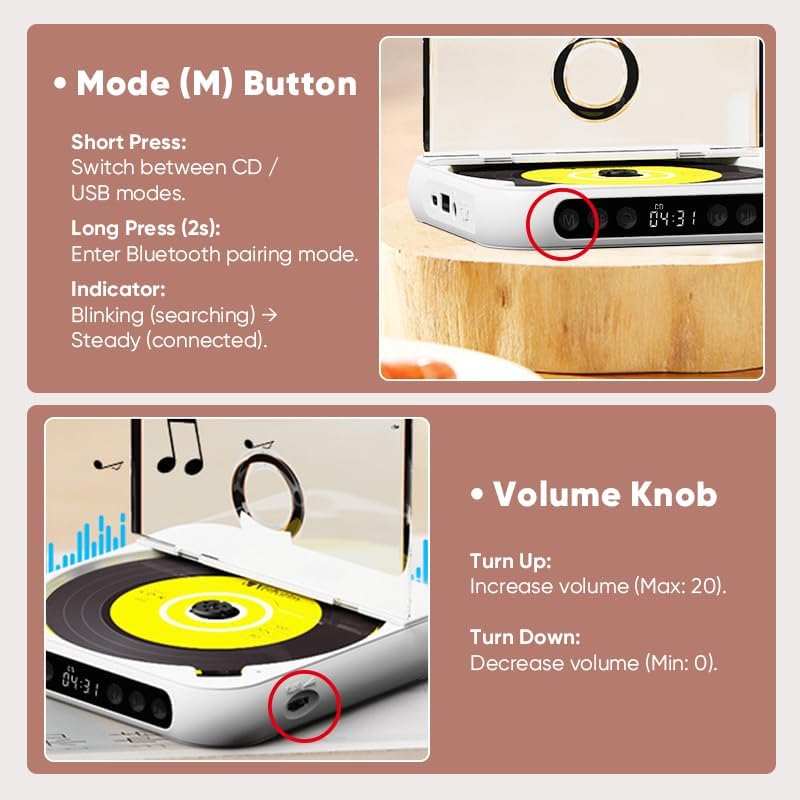 Portable CD Player with Bluetooth 5.3 – Hi-Fi Sound Rechargeable Battery, Supports CD/CD-R/CD-RW/MP3 Compact & Lightweight