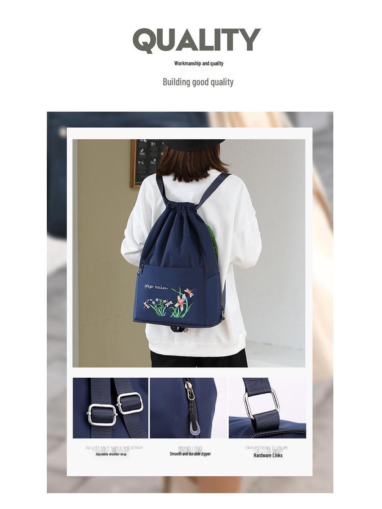 Women's Fashion Embroidery Drawstring Backpack: Oxford Cloth, Foldable Travel Bag