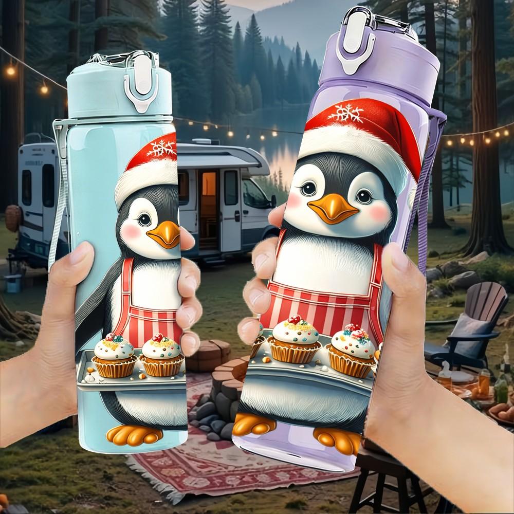 1PC Xmas Penguin Santa Hat Cartoon 750ml Color Plastic Sports Water Bottle Leakproof Flip Straw Lid Suitable for Sports Office Home Use