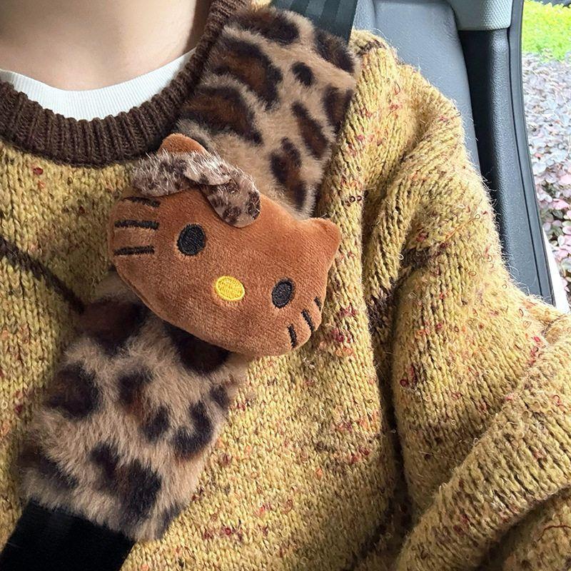 Melard Leopard Print Hello Kitty Plush Car Seatbelt Shoulder Pad Car Interior Decoration Gift for New Car