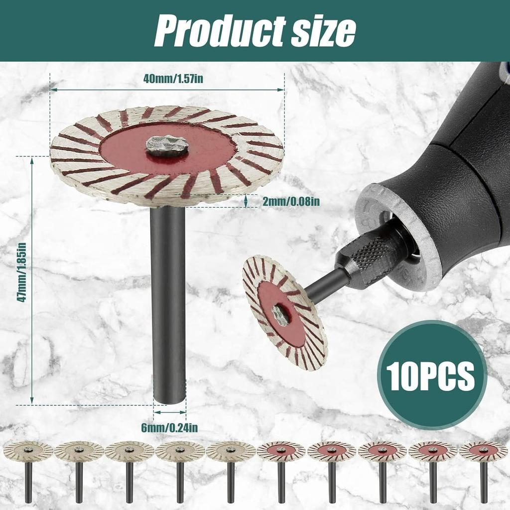 Stone Carving 40mm Diamond Cutting Discs, 10Pcs Mini Wheel for Rotary Tool, Turbo Engraving Saw Blades for Granite Marble Ceramic Porcelain Tile