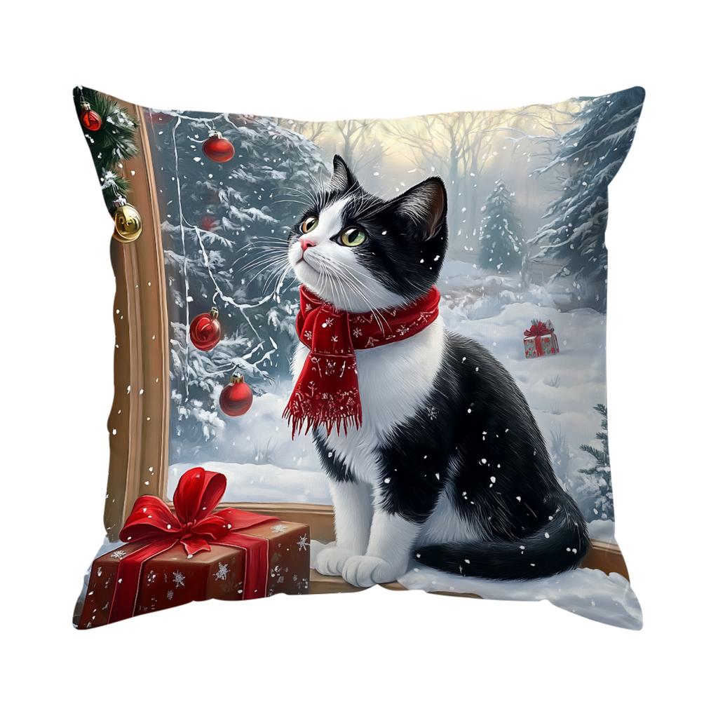 Christmas Themed Cat Pillowcase Bedroom Sofa Cushion Cover 100% Polyester Living Room Cushion Pillowcase Home Decor