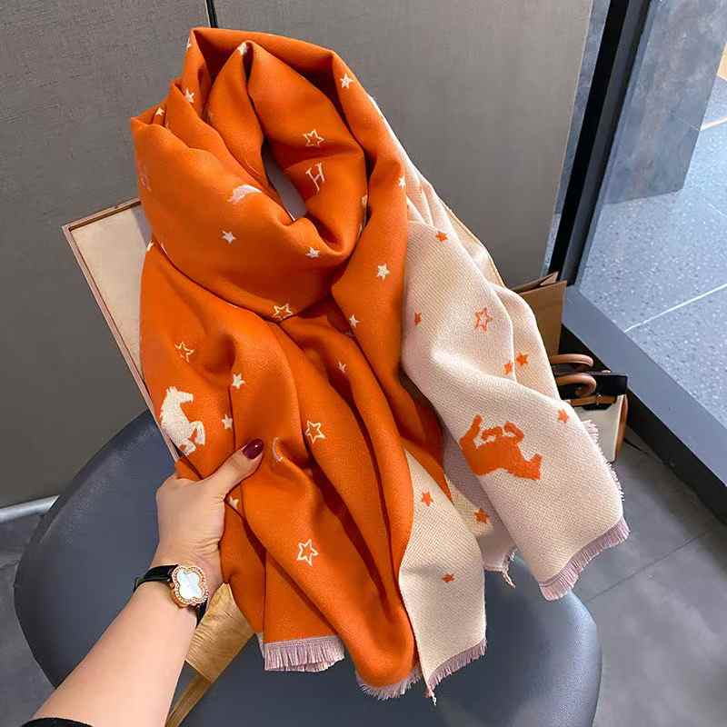 Women's Long Thick Warm Korean Style Scarf Imitating Cashmere Winter Fashion Scarf with Stylish Letter Pony Pattern as Shawl