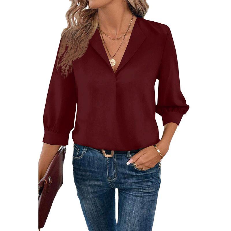 Fashion Pure Color Minimalist Loose Pullover Tops Women's 2025 Spring New Arrival Commuter's All-Matching V Neck Chiffon Shirt Women