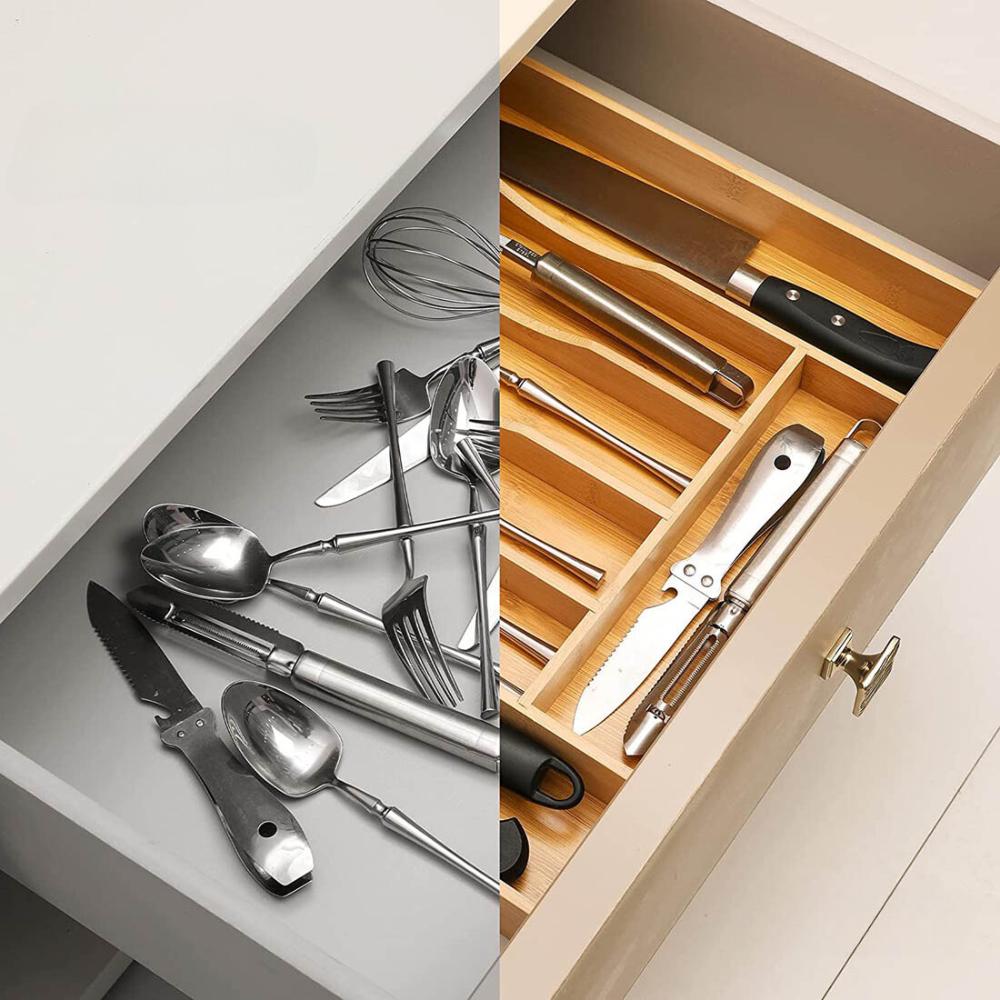 Cutlery and jewelry organizer insert for kitchen drawer, bamboo container